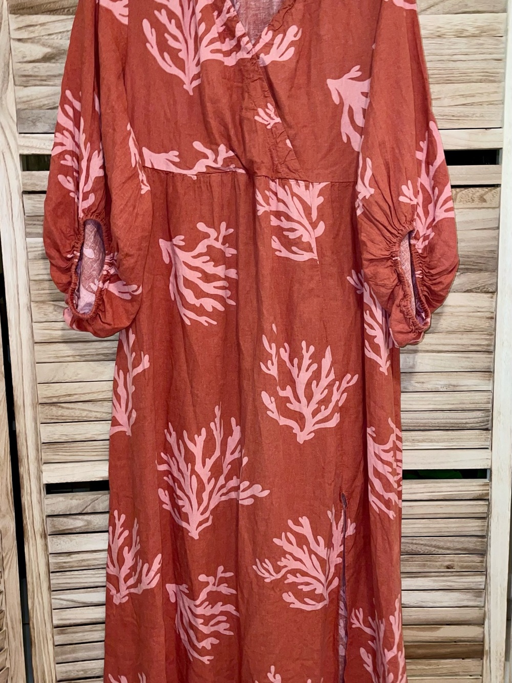 Ava & Viv Coral Reef Print Maxi Dress XXL Faux Wrap Bishop Sleeves Side Slit - Picture 2 of 11